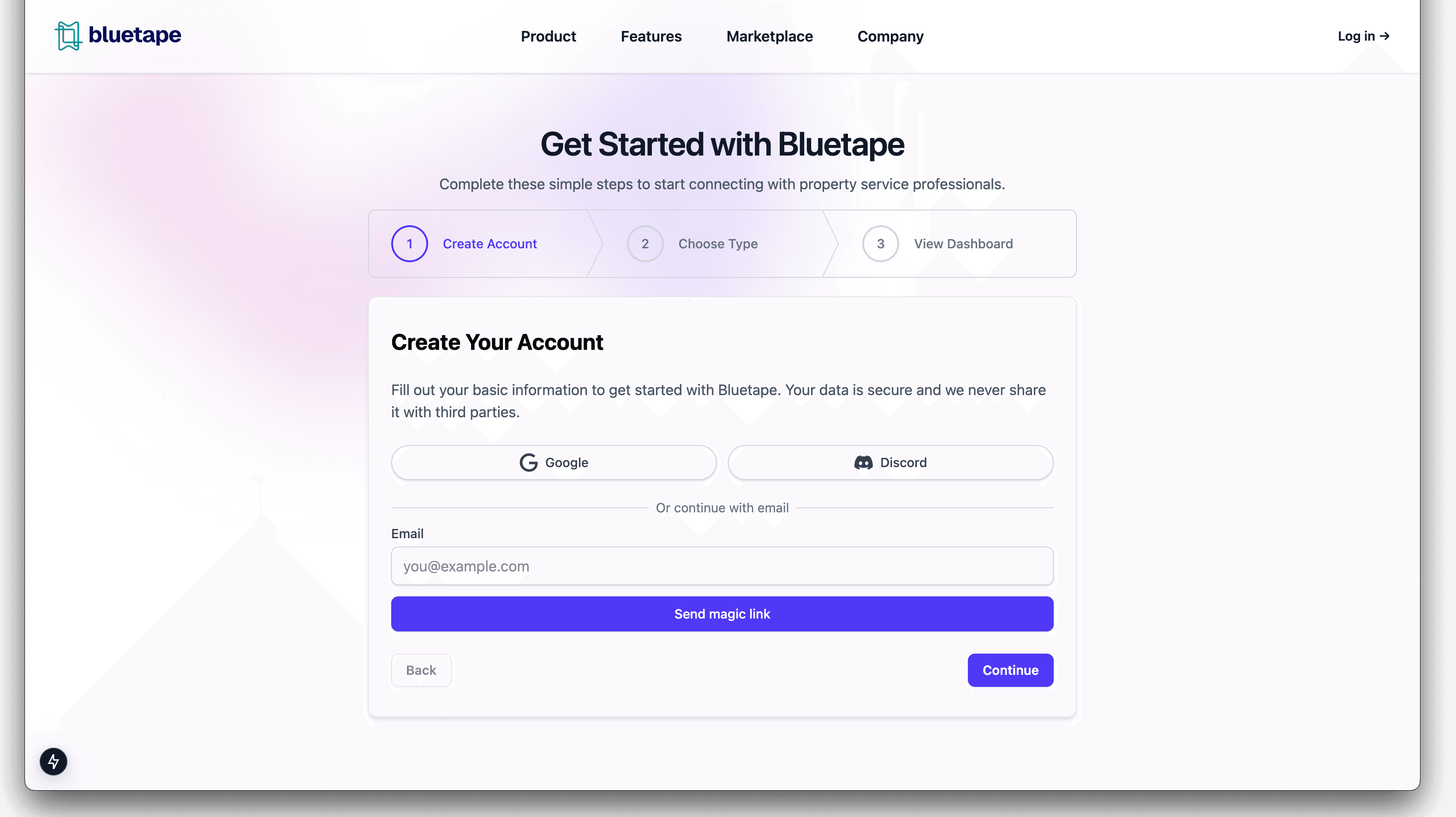 Bluetape get started page